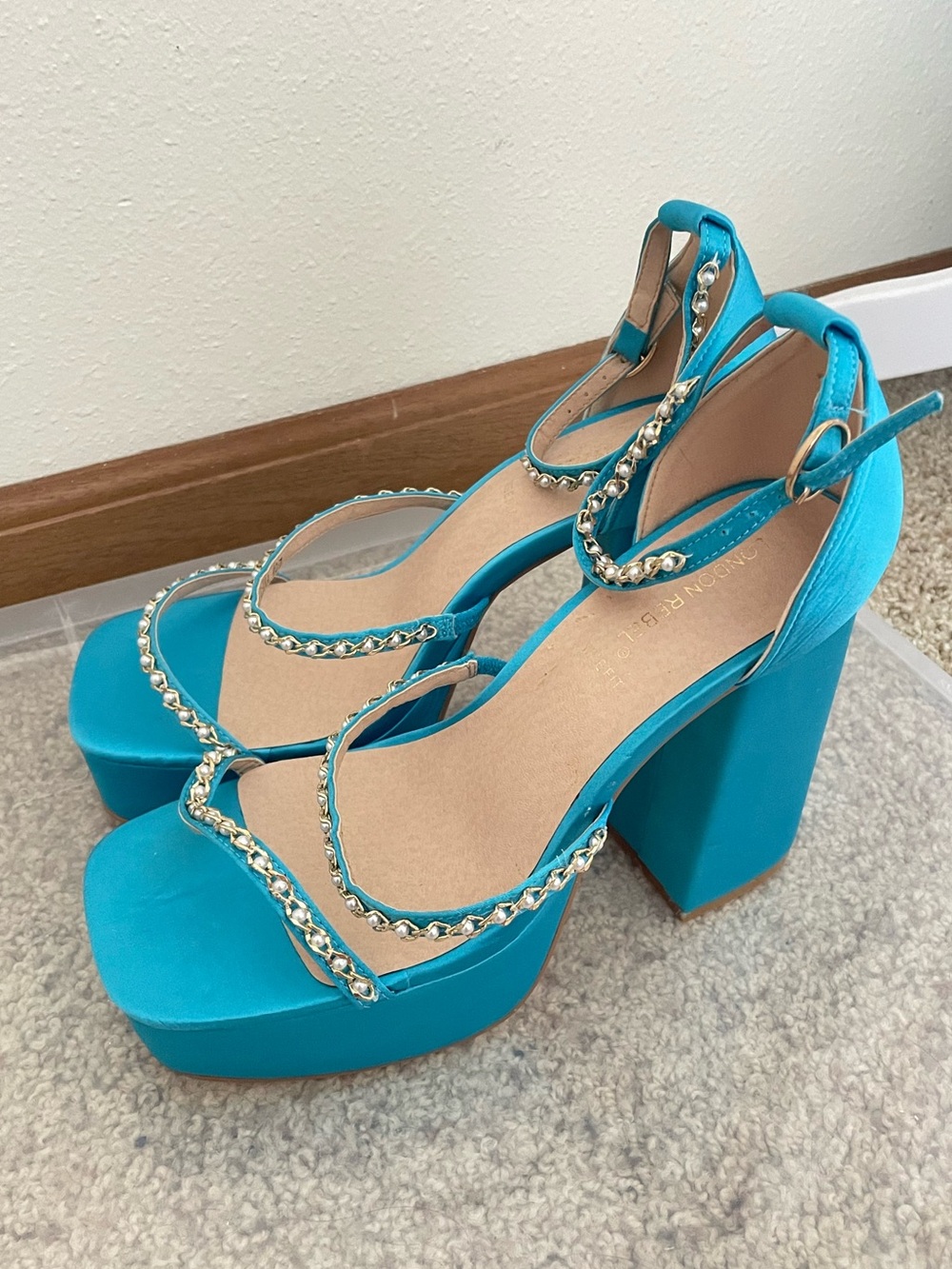 ASOS London Rebel Wide Fit Aqua Rhinestone Satin Platform Heels Size US 9 UK 7